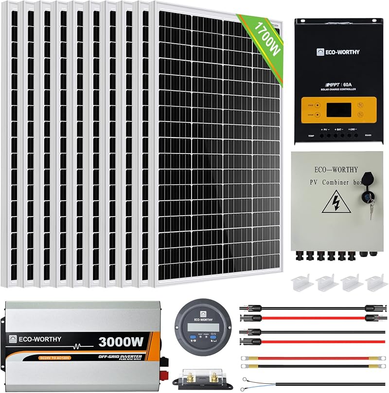 ECO-WORTHY 1700W 24V Solar Power System 10x 170W Panels 3000W Inverter 60A MPPT