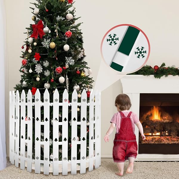 24″ EXTRA TALL FENCE FOR CHRISTMAS TREE,12PCS WHITE PICKET FENCE GATE BARRIER WITH SNOWFLAKES&TREE PATTERNS CHRISTMAS TREE GATE FOR PETS(24″ H X 5″ W EACH)