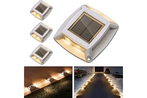 ETETALE Solar Driveway Lights 4 Pack, Solar Powered IP68 Waterproof Dock Lights, 4 LED Driveway Markers Deck Light for Dock, Pathway, Walkway, Sidewalk, Garden, Yard, Stair, Marine Use (Warm)
