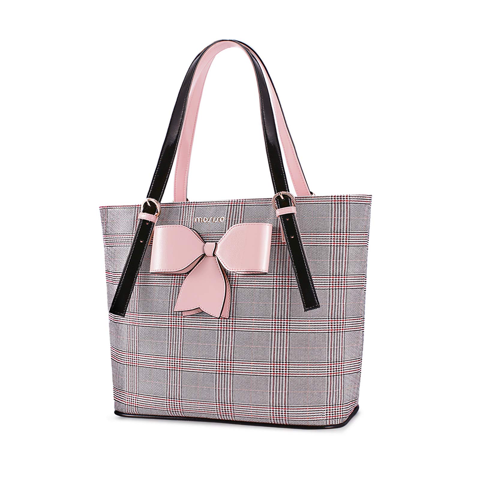 MOSISO Laptop Bag, 15.6 inch Laptop Tote Bag PU Leather Grid Pattern Large Capacity Work Business Travel Briefcase Handbag with Bowknot Compatible with MacBook & Notebook, Pink&Red