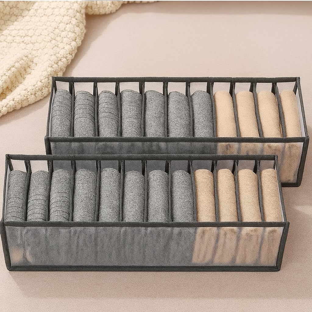 Photo 1 of 2 Pcs 7-Grid Underwear Drawer Organizer Box for Socks, Panties, Bras, Lingerie | Foldable Fabric Closet Storage Divider for Wardrobe & Dresser Drawer Grey