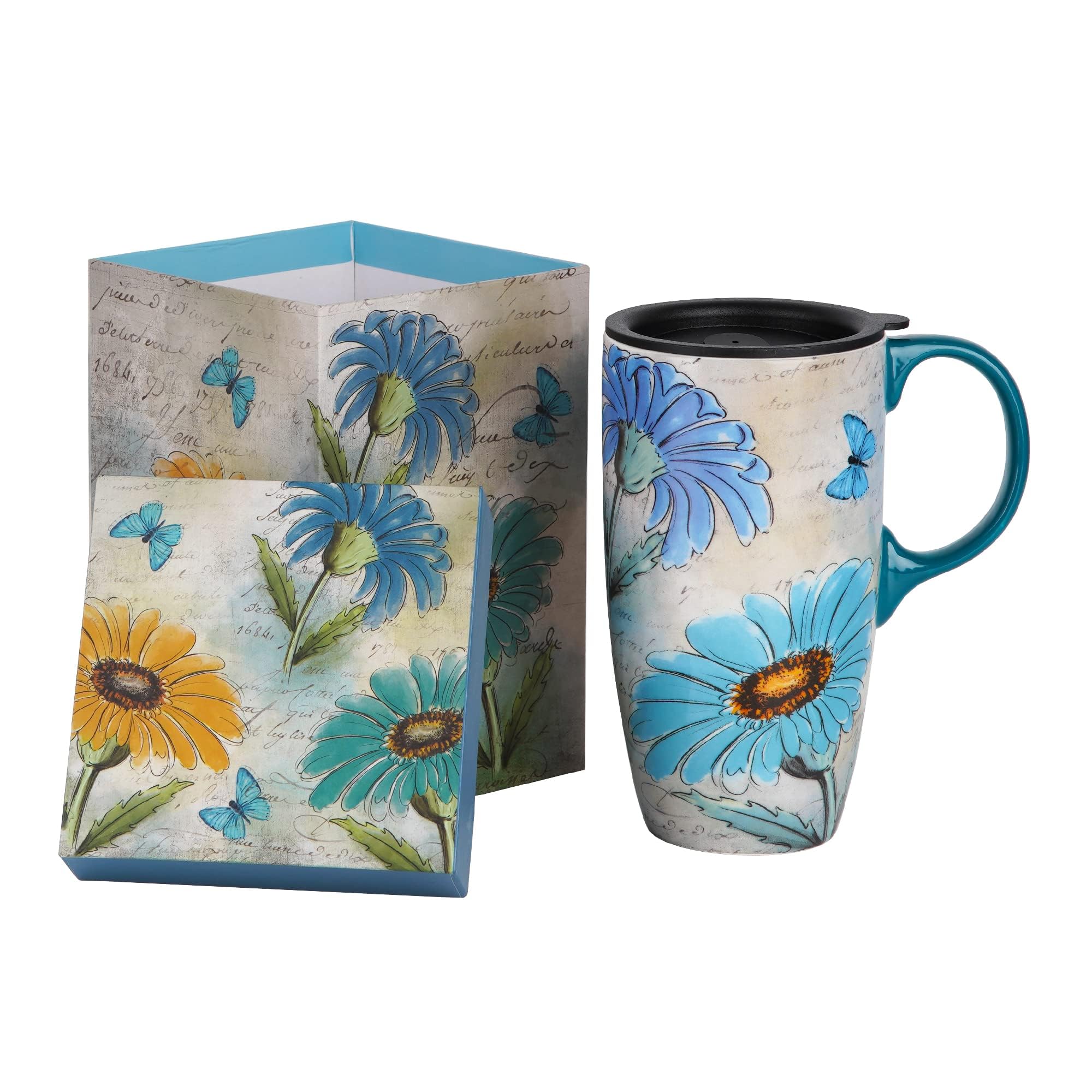 Topadorn Ceramic Travel Mug with Lid and Gift Box Latte Mug Coffee Cup, 17oz Large Capacity Mug Home Office Gift, Daisy