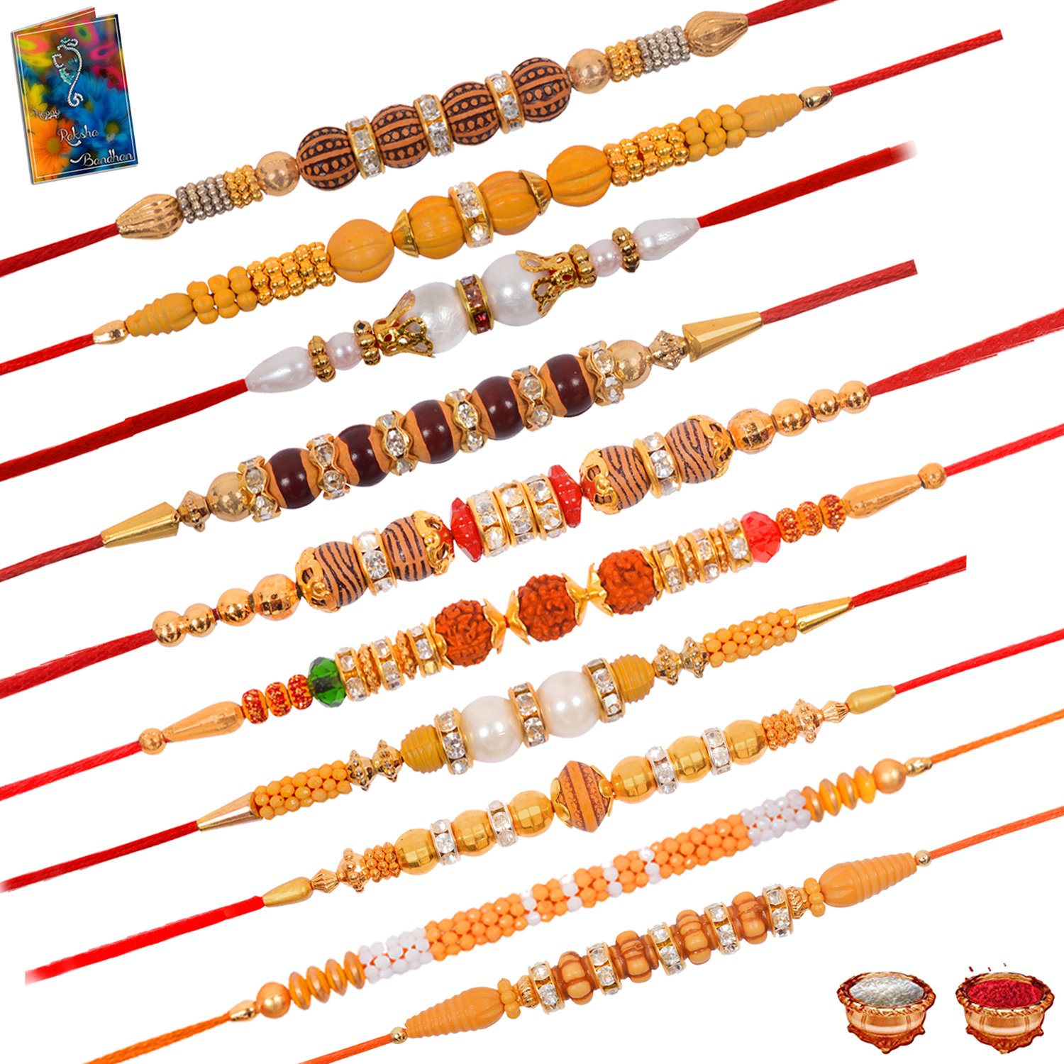 dreamcart woden rakhi combo of 10 rakhi set for men's with greeting card roli chawal