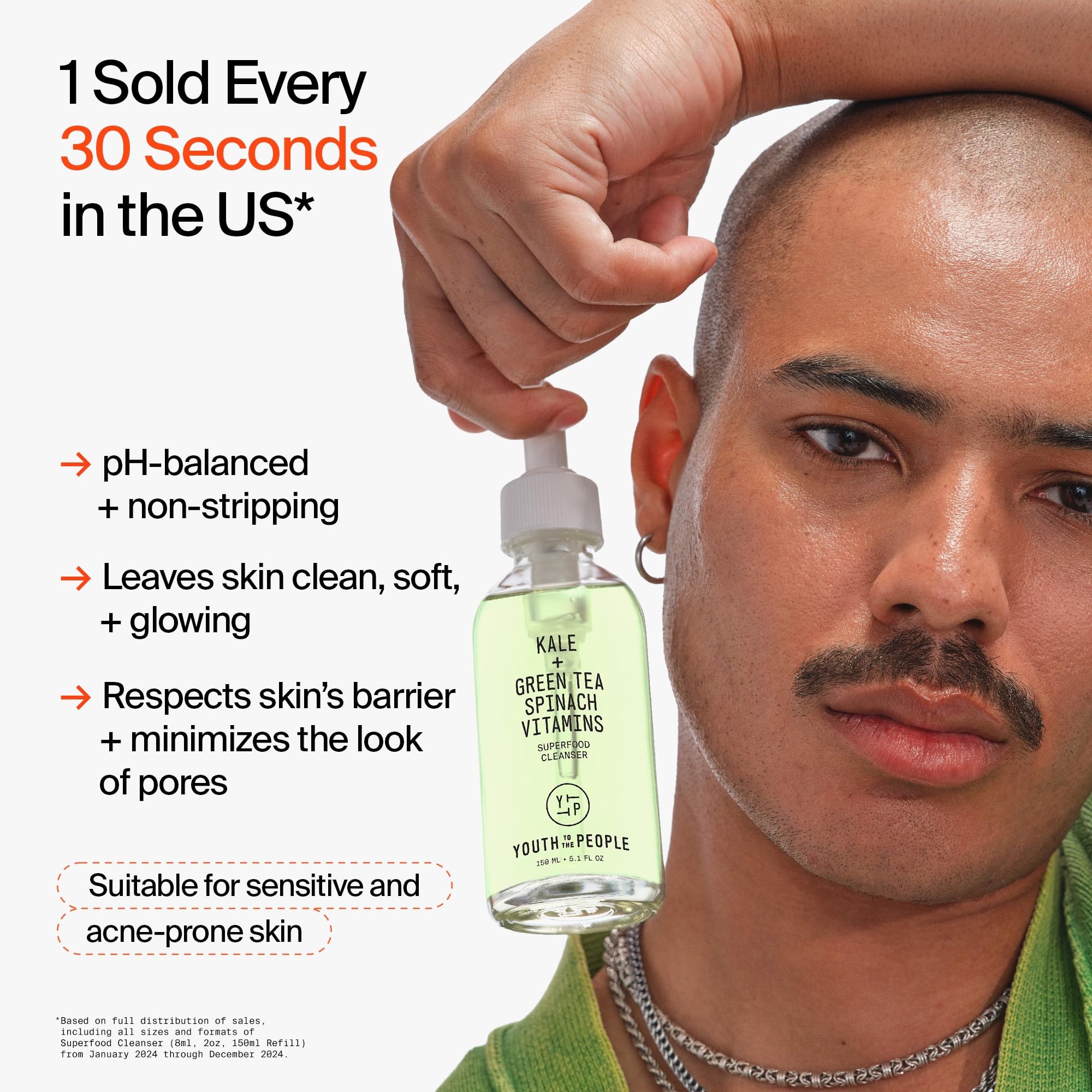 Youth to the People Superfood Facial Cleanser - Kale + Green Tea Daily Face Wash, Gentle Makeup Remover, with Soothing Antioxidants for Glowing Skin, pH Balance, Clean Pores, Sulfate-free, Refillable