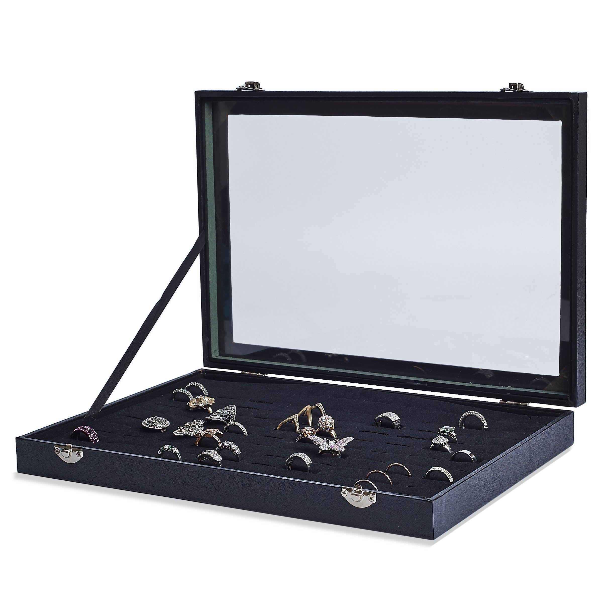 AKORD 100 Ring Velvet Jewellery Display Box Storage Tray Case Holder Stand Organiser, Wood, Black, 35.5 x 24.5 x 4.5 cm