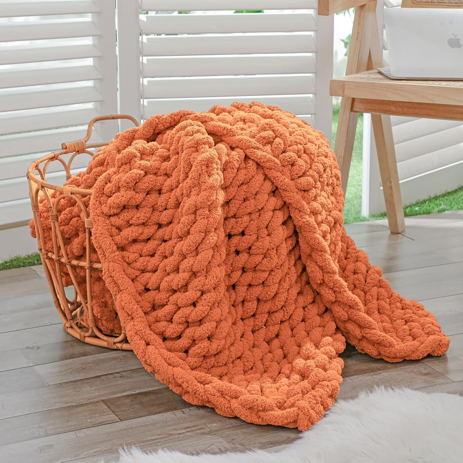 Photo 1 of Bigacogo Chunky Knit Throw Blanket for Couch, 40x60 inches, 100% Hand Knitted with Thick Jumbo Chenille Yarn, Cozy Soft Large Rope Knot Cable Crochet Blankets for Sofa Bed Living Room, Terracotta