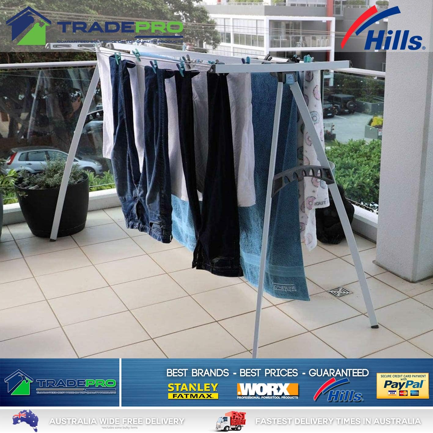 Hills Portable Washing Line, High grade steel, White, 2100mm x 1300mm x