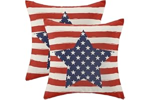 CXMEIFLY 4th of July Pillow Covers 18x18 Inch Set of 2 Memorial Day Independence Day Red Stripe Blue Star Decor Throw Pillows American Flag USA Patriotic Outdoor Cushion Cases for Couch Bed Decorations