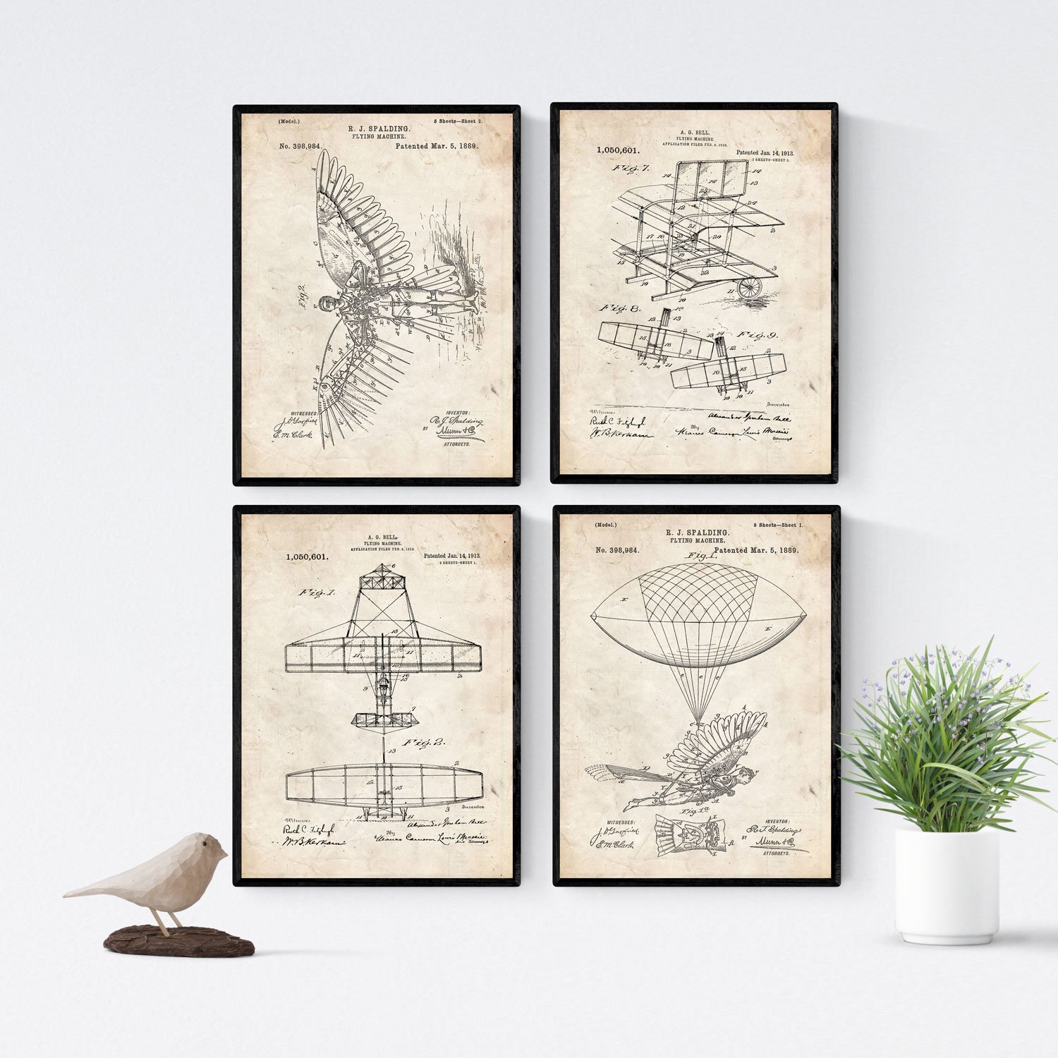 Nacnic Vintage - Pack of 4 Sheets PATENTS Aircraft. Set Posters Inventions Old patents. Choose The Color You Like. Printed on 250 Grams