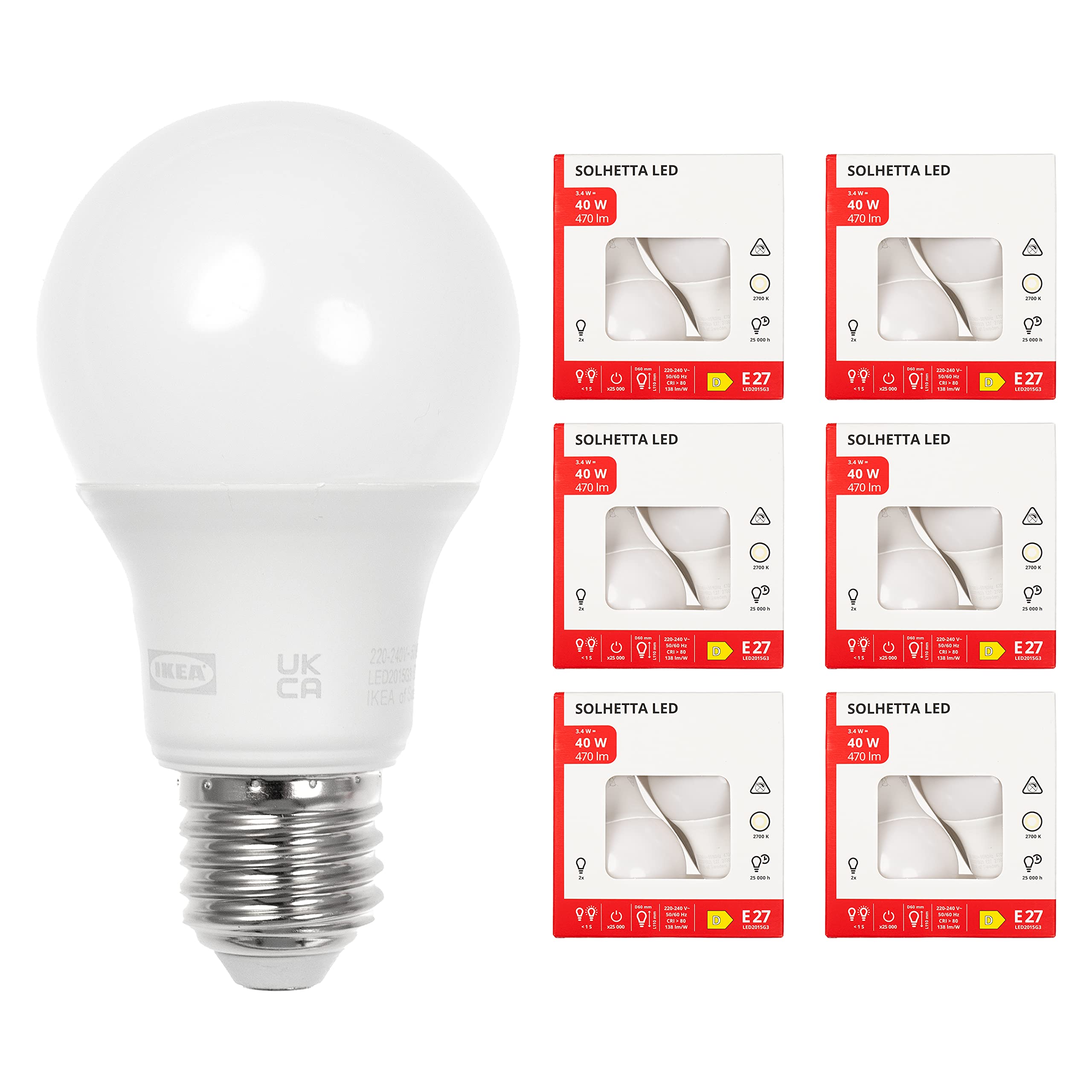 Ikea SOLHETTA E27 Screw LED Bulbs, 470 Lumens, 3.4 Watts, 2700K Warm White, Opal Globe, LED2015G3 - Set of 12 (505.184.77)
