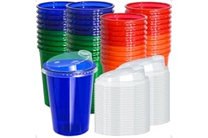 EcoDispose 40 Pack 12 oz Disposable Plastic Cups with Lids, Spill Proof, 4 Colors (Red, Orange, Green Blue), for Party, Drink