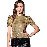 Allegra K Women's Metallic Glitter Top Party Disco Round Neck Puff Sleeve Stretch Shiny Sparkly Tops