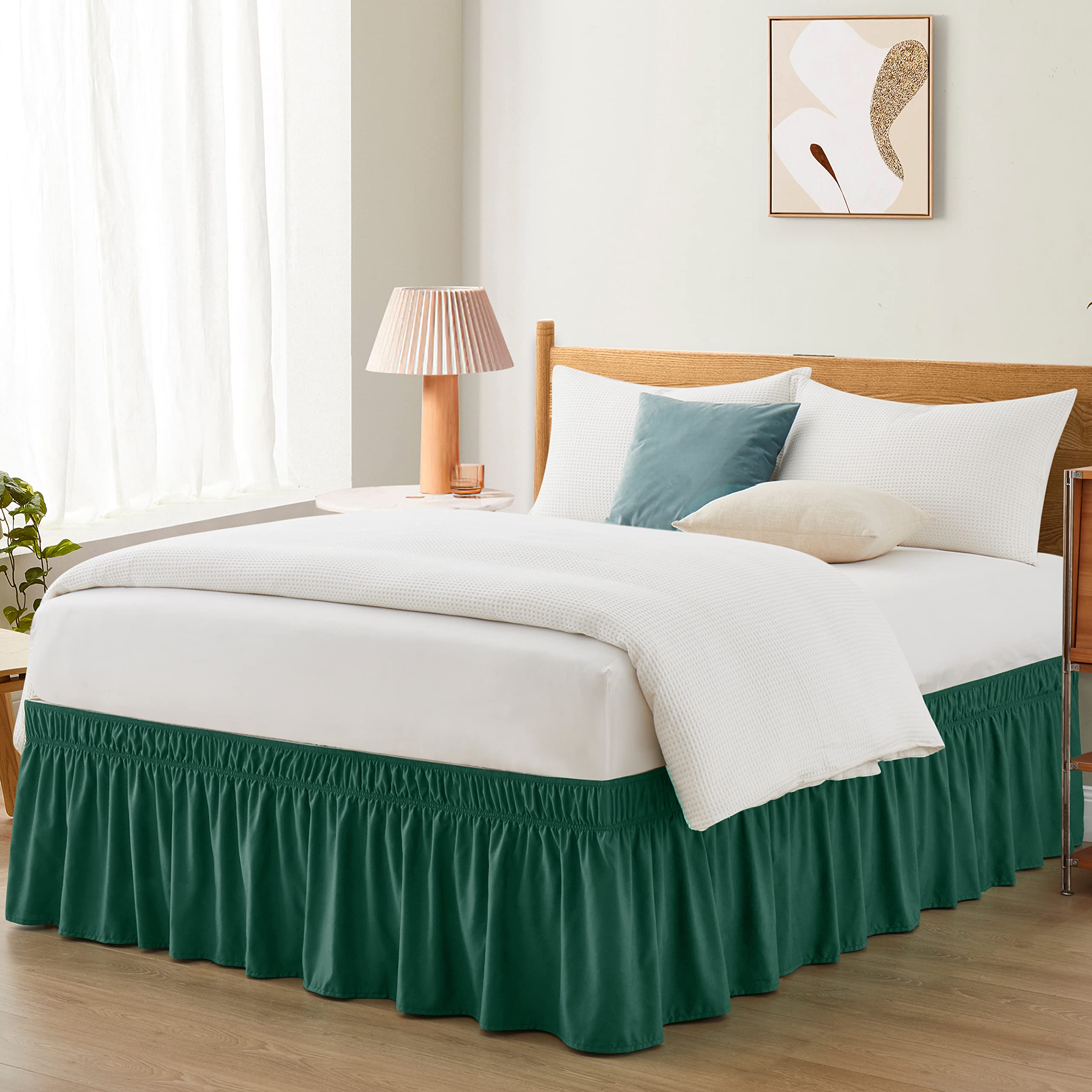 Photo 1 of Entisn Dark Green Adjustable Bed Skirt for Full & Queen Size Bed - with 18 Inch Tailored Drop, Wrap Around Bed Skirts with Adjustable Elastic Belt for Easy Fitting - Wrinkle & Fade Resistant