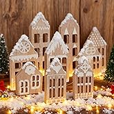 Xihaian 9 Pcs Christmas Village Houses Set with String Light Rustic Wooden Gingerbread House Xmas Decoration Centerpiece for Home Desk Shelf Mantel Farmhouse Tabletop (Style1)