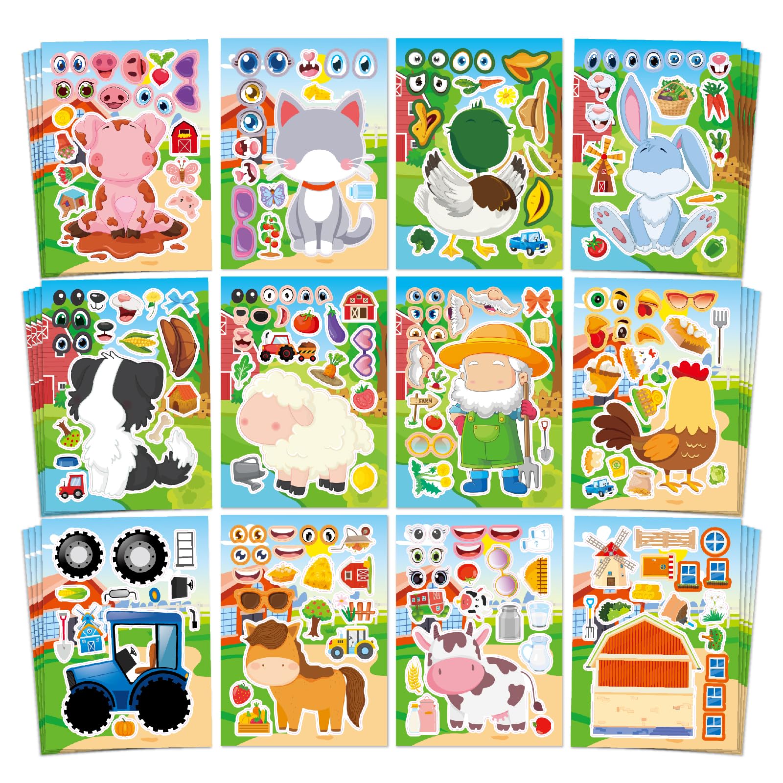 Aowplc 48 Sheets Farm Animal Make‑a‑Face Stickers for Kids & Toddlers – 12 Unique Mix‑and‑Match Designs – Farm Party Favors, Birthday Supplies, Activities & Crafts