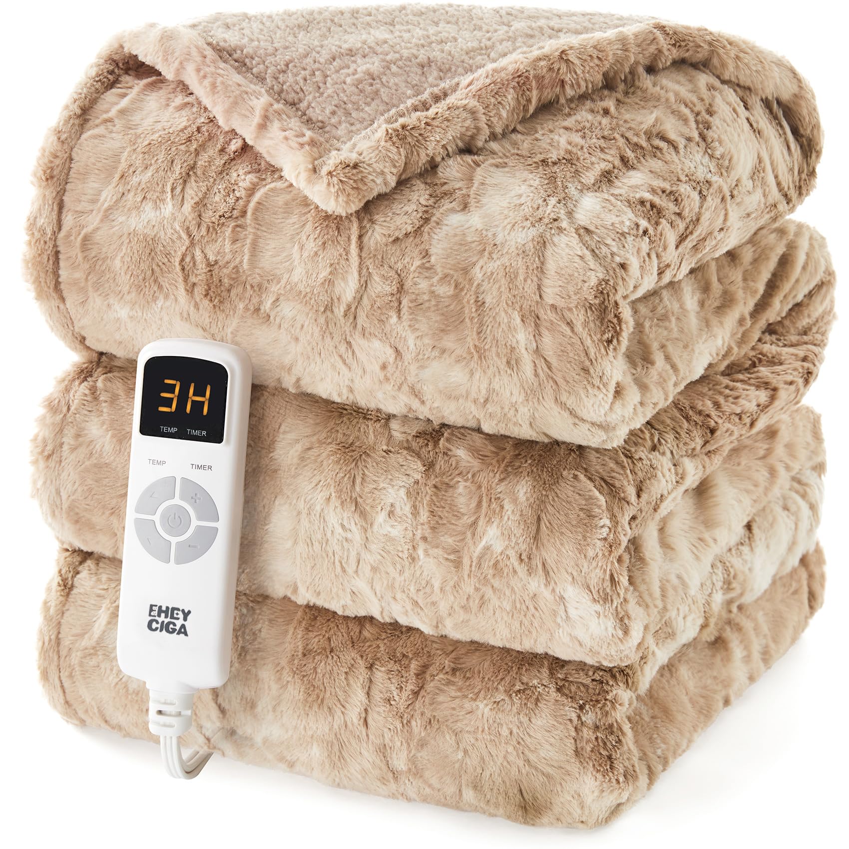 Photo 1 of EHEYCIGA Electric Heated Blanket Throw Faux Fur, 10 Hours Auto Shut Off 9 Heating Levels Heating Blanket Throw, Soft Warm Heated Blanket Fast Heating Camel, Faux Fur & Sherpa