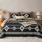 Wake In Cloud - Western Quilt Set, Southwestern Aztec Country Tribal Native American Rustic Ranch, Reversible Lightweight Bedspread Coverlet, 3 Pieces, Black Brown, Queen/Full Size