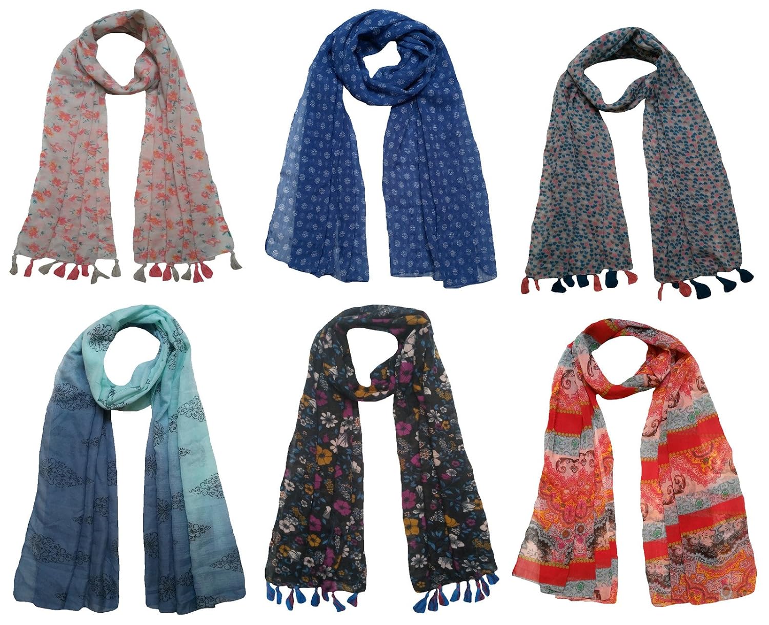 fusfus women's cotton scarf(f014, multicolour, free size) - pack of 6
