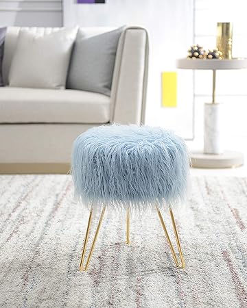 Amazon Com Blue Faux Fur Vanity Stool Chair Furry Padded Ottoman Seat Fluffy Foot Stool Upholstered Decorative Footrest With Hair Pin Metal Legs For Livingroom Bedroom Kids Room And Makeup Room Furniture Decor