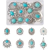 Beadthoven 16pcs Antique Silver Turquoise Pendants Connectors Chandelier Charms Multi-Hole Vintage Boho Blue Turquoise Gemstone Charms Filigree Links for DIY Jewelry Making