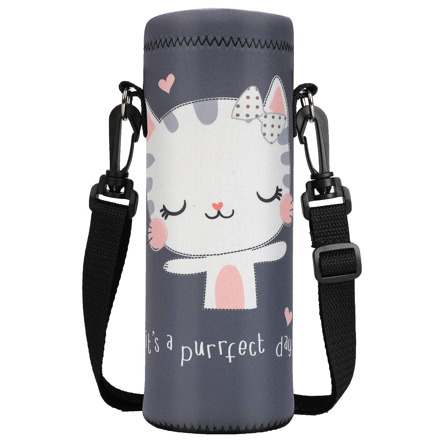 ToLuLu Water Bottle Carrier Bag Case, Insulated Neoprene Water Bottle Holder Pouch Cover 750ML with Adjustable Shoulder Strap, For Stainless Steel/Glass/Plastic Bottles, Sport Energy Drinks, Cute Cat