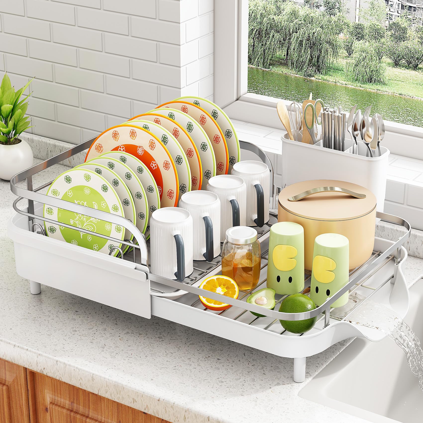Photo 1 of SAYZH Dish Drying Rack - Expandable Dish Rack for Kitchen Counter, Rust-Resistant Dish Drainer with Utensil Holder and Raised Guardrail, Kitchen Organizer for Cup and Bottle (White)