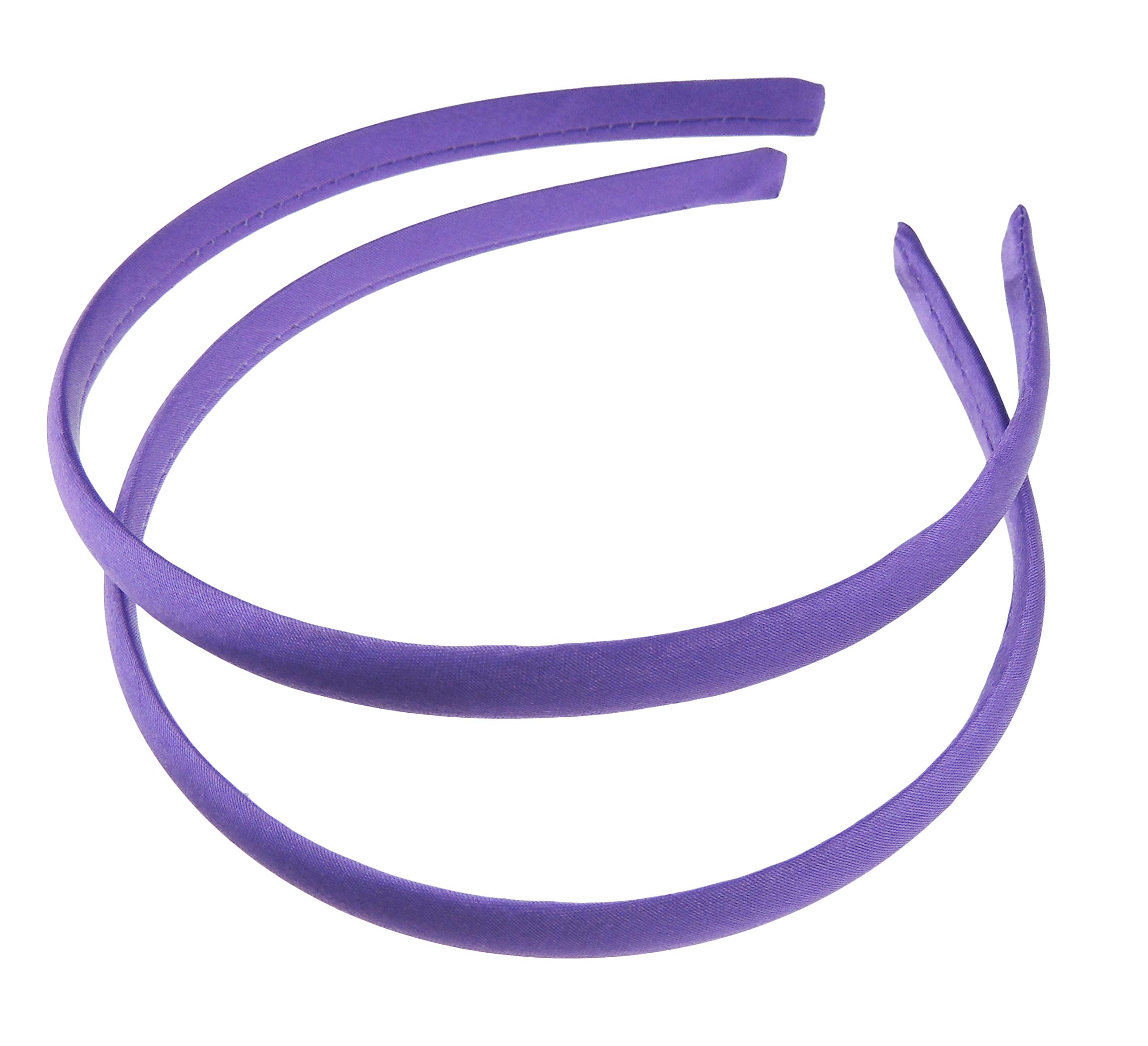Pair of 2 Slim Thin 1cm Satin Covered Teens Girls Bridesmaid Basic Party Satin Plain DIY Alice Headband Hairband Head Hair Band Kids School Uniform (Purple, One Size)