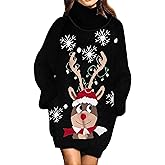 Jumppmile Womens Ugly Christmas Xmas Oversize Turtleneck Pullover Sweater Dress with Pockets