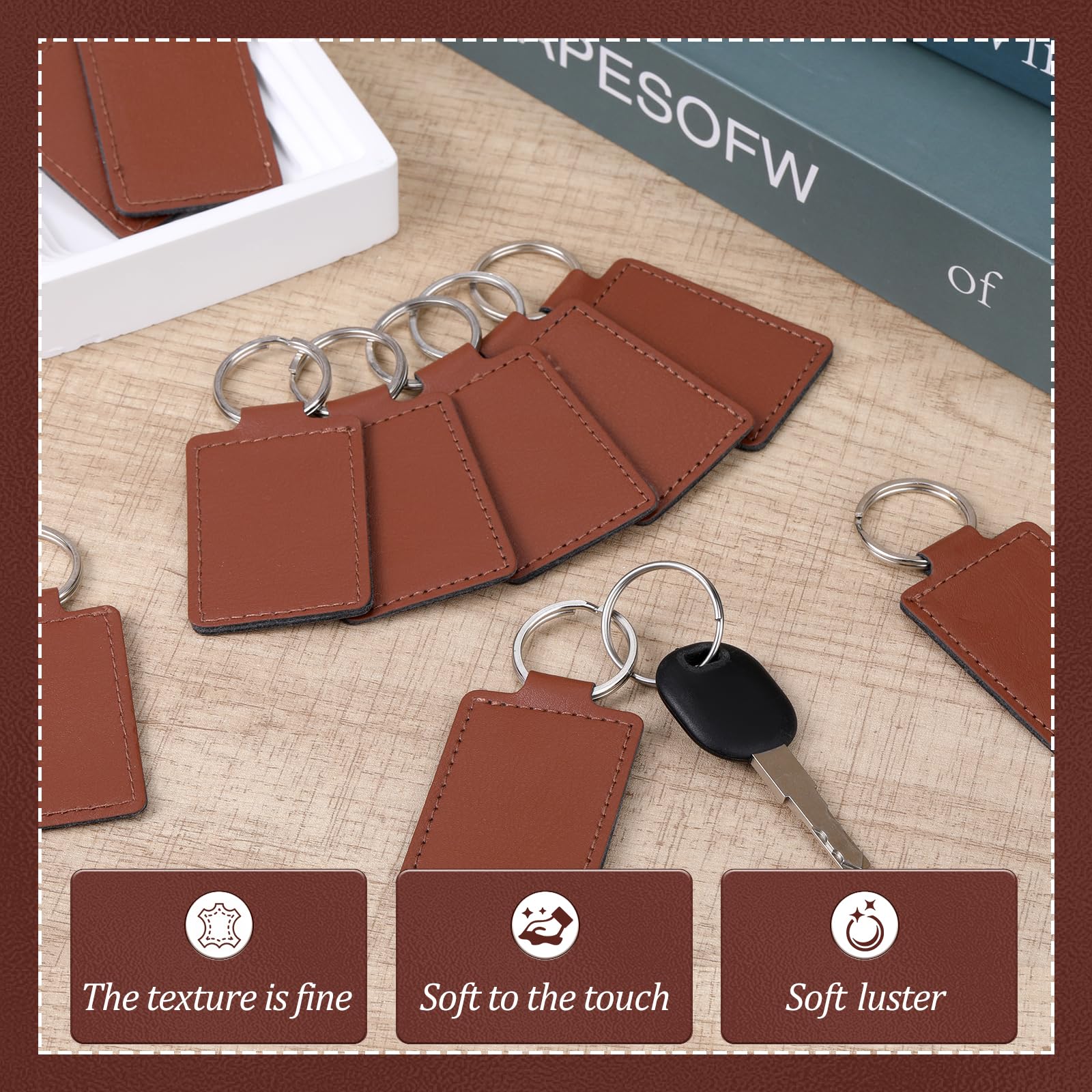 Rectangular Leather Key Fob Kit, 10 Pcs PU Leather Key Fobs with Rivets and Keychain Ring, Keychains Holder for Keychain Making Diy Craft Working
