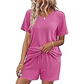 Ekouaer Womens Pajama Sets Short Sleeve Knit Lounge Set 2 Piece Pj Sets for Women V Neck Casual Loungewear