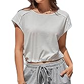 Hilinker Womens Short Sleeve Crop Tops Drawstring Cut Out Loose Gym Workout T Shirts
