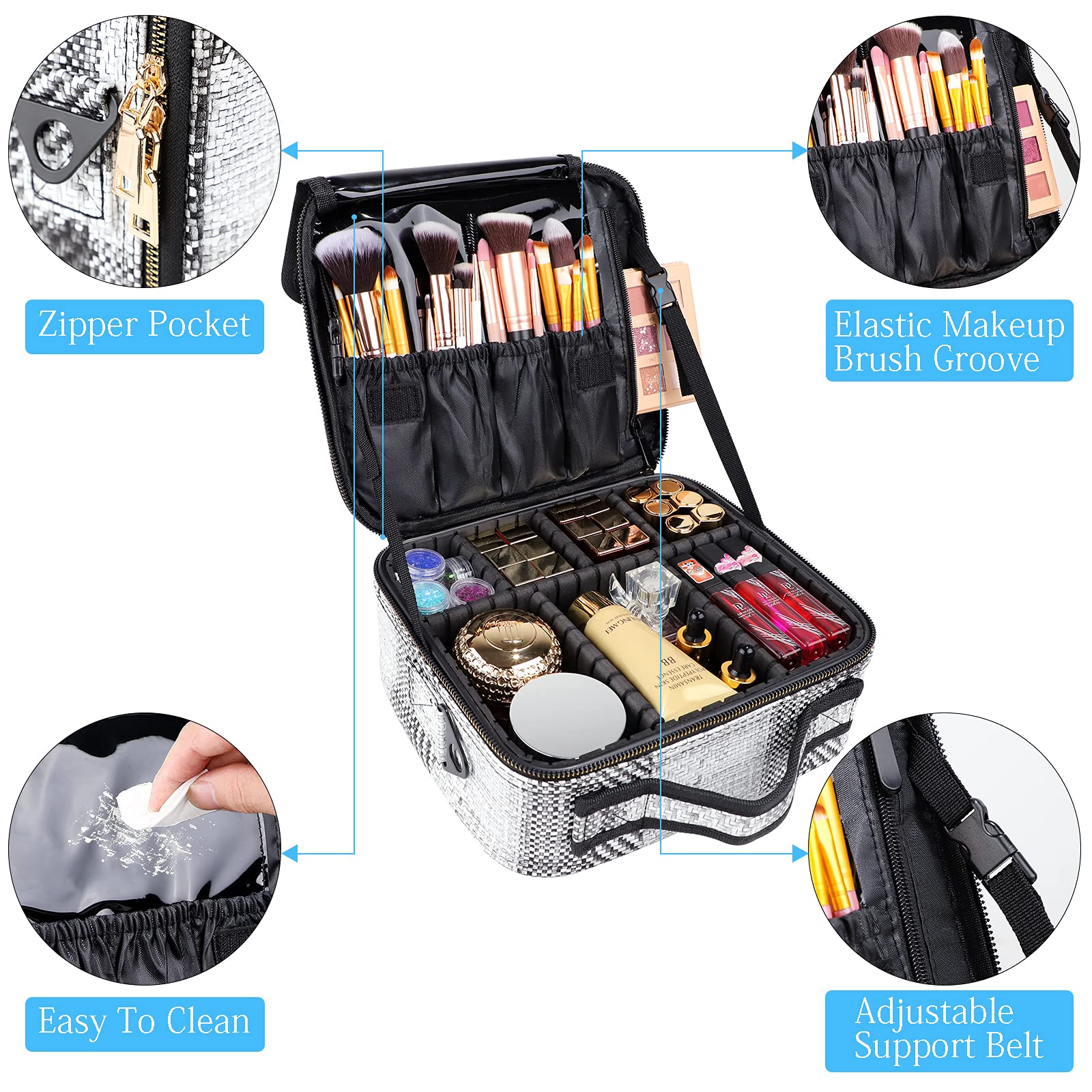OEWOER Makeup Bag 2 Layers Cosmetic Organizer Case Portable Artist Travel Make up Storage Box with Shoulder Strap and Adjustable Dividers for Cosmetics Makeup Brushes Toiletry Accessories (Small)