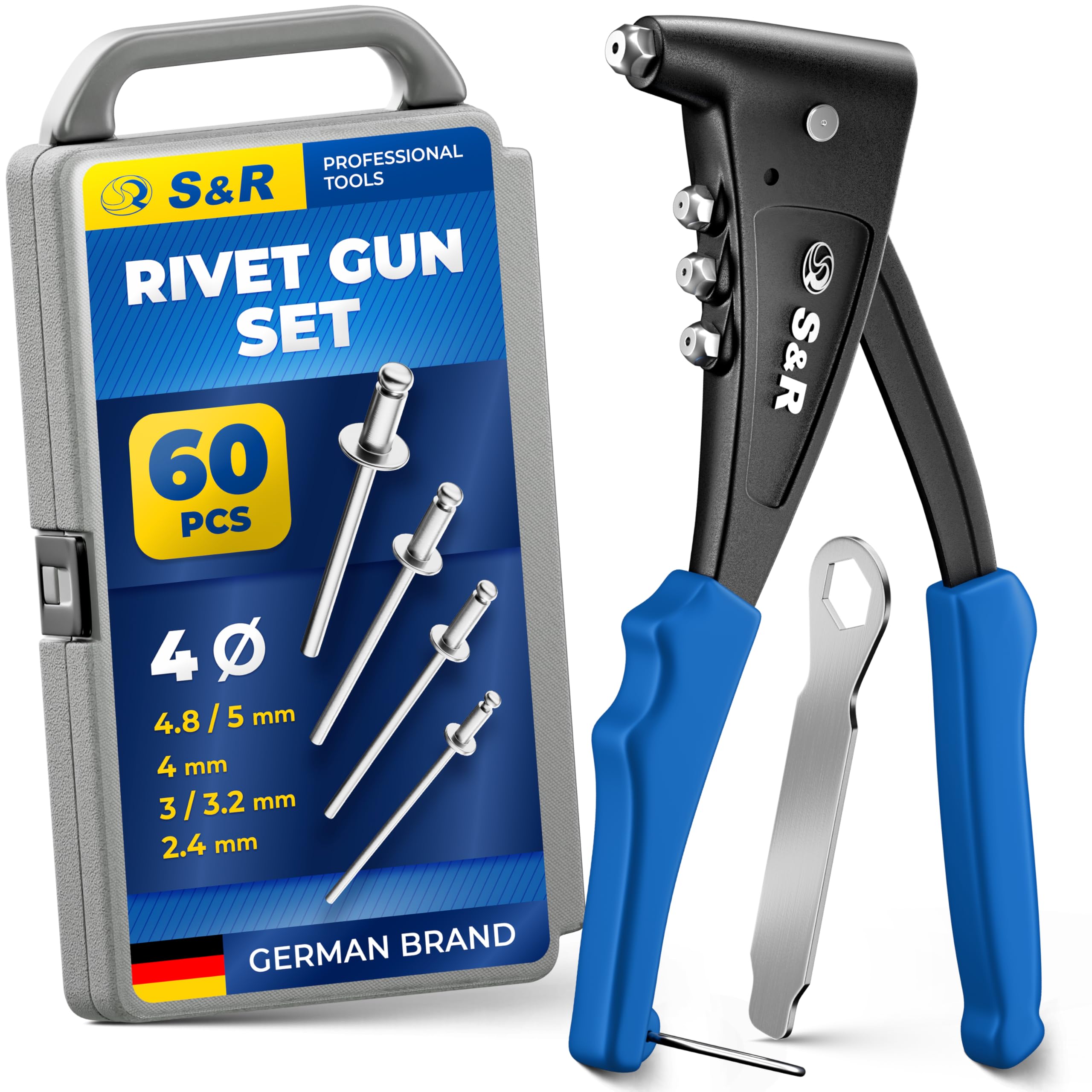 S&R Professional Rivet Gun Kit with 60 Rivets – Heavy-Duty Hand Riveter for Aluminum, Steel & Stainless Steel | 4 Nozzles, Wrench & Storage Box