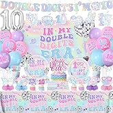 10th Birthday Decorations for Girl,198pcs In My Double Digits Era Party Decor 10 Year Old Birthday Decorations Plates and Napkins Cups Tablecloth Banner Honeycomb for Double Digits Era Party Supplies
