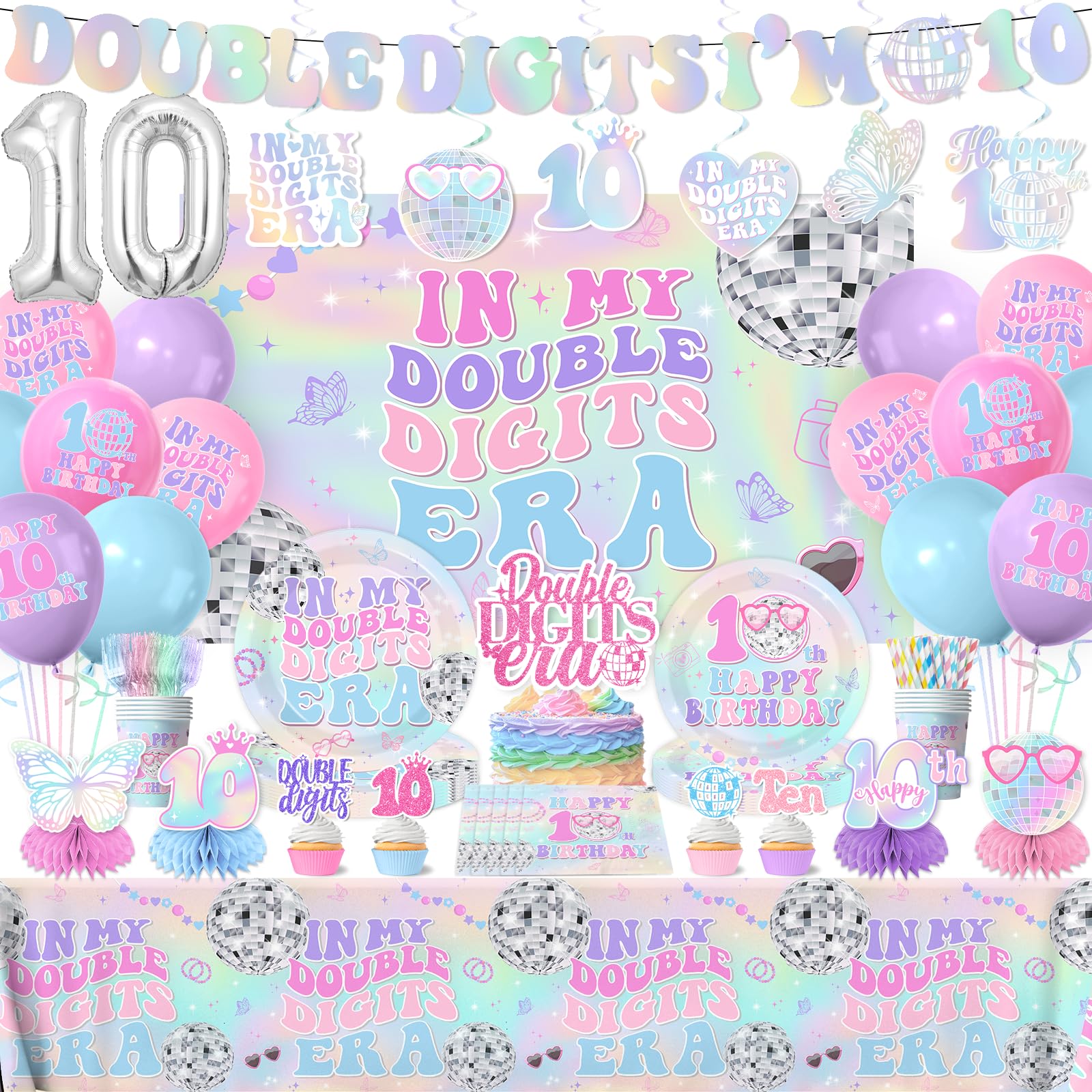 Photo 1 of 10th Birthday Decorations for Girl,198pcs In My Double Digits Era Party Decor 10 Year Old Birthday Decorations Plates and Napkins Cups Tablecloth Banner Honeycomb for Double Digits Era Party Supplies