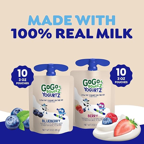GOGO SQUEEZ YOGURTZ VARIETY PACK, BLUEBERRY & BERRY, 3 OZ (PACK OF 20), KIDS SNACKS MADE FROM REAL YOGURT AND FRUIT, NO FRIDGE NEEDED, GLUTEN FREE, NUT FREE, RECLOSEABLE CAP, BPA FREE POUCHES