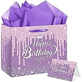 Purple Birthday Gift Bag, Large Happy Birthday Gift Bag, with Card and Tissue Paper, for Women, Girls, Celebration Decorations, Party Favor Supplies