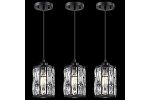 Dolaimi House 3 Pack 1 Light 5.4" Crystal Shade Hanging Kitchen Island Pendant Light Black Finish,Modern Pendant Fixture with Crystal Metal Shade for Bar,Dining Room,Living Room Over Sink