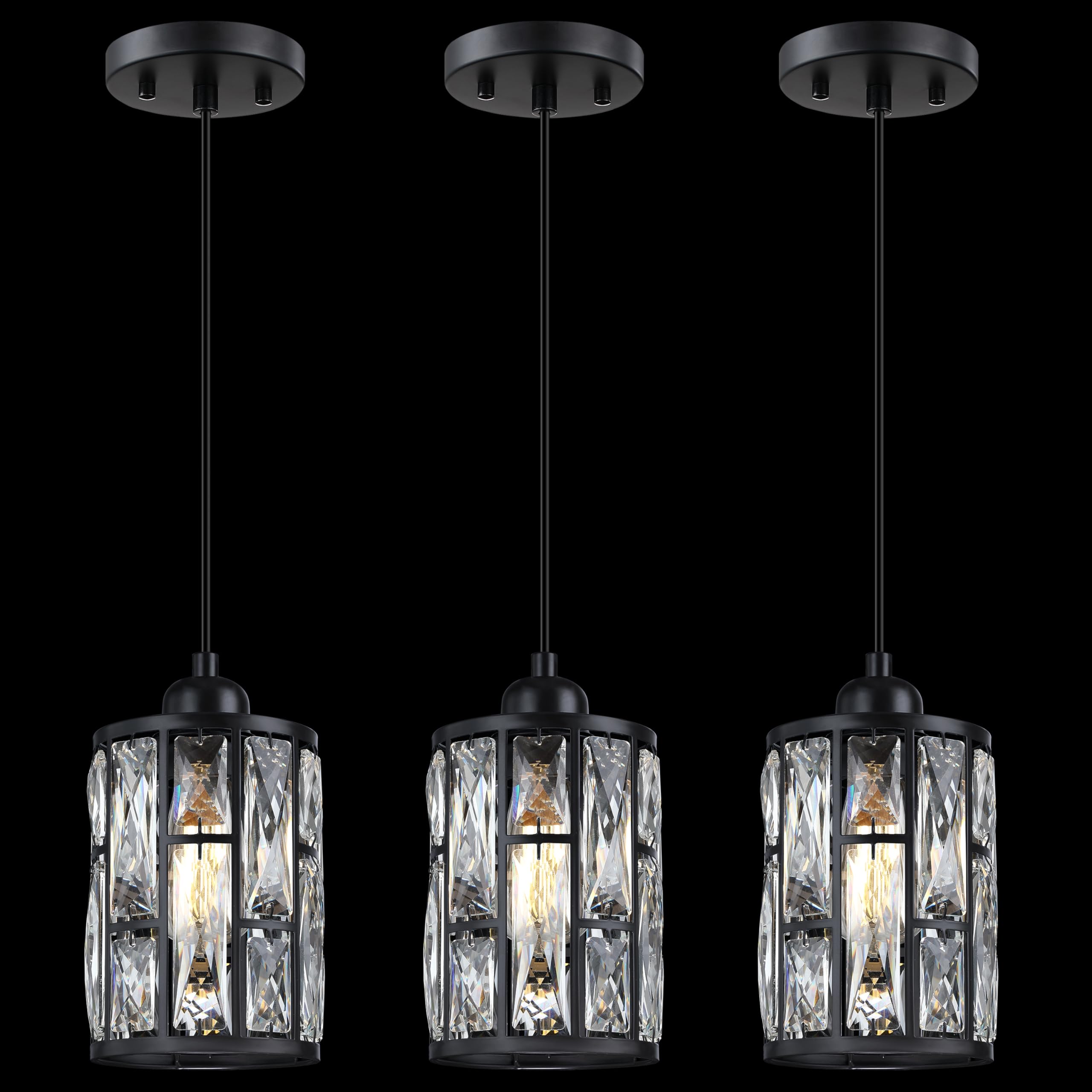 Photo 1 of Dolaimi House 3 Pack 1 Light 5.4" Crystal Shade Hanging Kitchen Island Pendant Light Black Finish,Modern Pendant Fixture with Crystal Metal Shade for Bar,Dining Room,Living Room Over Sink