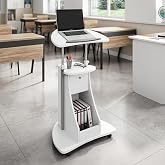 Techni Mobili Adjustable Height Rolling Laptop Cart with Storage, White | Adjustable Height Rolling Laptop Cart with Tilting Top, Storage Shelf, Locking Wheels, Sit to Stand Desk, Mobile Podium,White