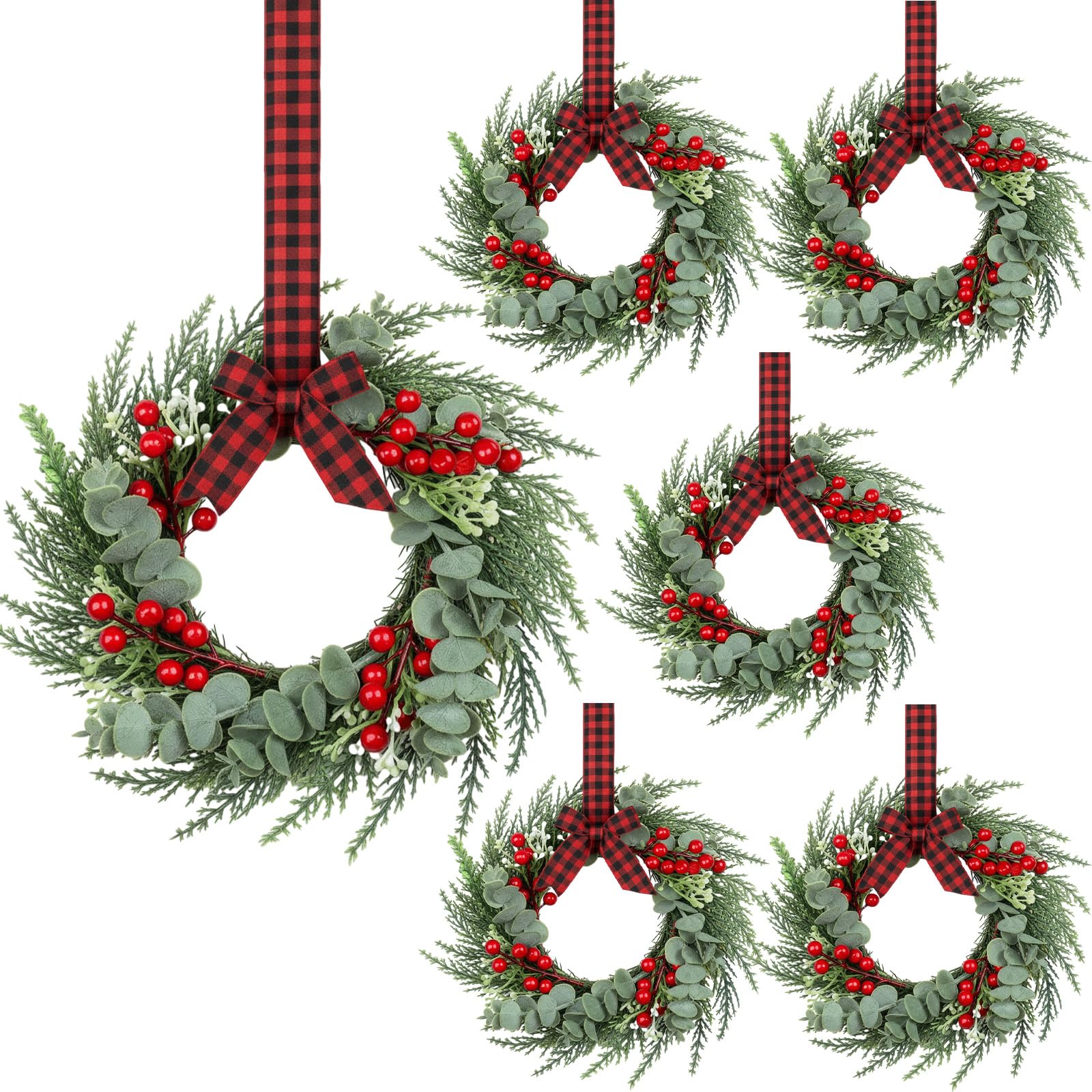 Photo 1 of 6 Pcs 8" Mini Christmas Wreaths for Kitchen Cabinet Small Christmas Candle Rings Wreaths, Front Door Pillars/Home Table Centerpieces Hanging Garlands, for Windows/Wedding Decor (No Red Ribbon)