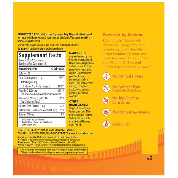 NATURE MADE WELLBLENDS IMMUNEMAX GUMMIES, VITAMIN C, ZINC, AND VITAMIN D3, IMMUNE SUPPORT SUPPLEMENT, 42 TANGERINE FLAVOR GUMMIES