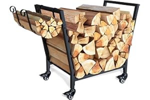 TANIVO Firewood Rack Outdoor and Indoor, Firewood Rack Log Holder with Lockable Wheels & Removable Kindling Hook, Weather Resistant Firewood Rack Storage Stand, Metal Lumber Stacker Organizer