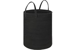 QIANBIRD Black Woven Cotton Rope Baby Laundry Basket Hamper, Tall Modern laundry Hamper Bin Storage for Kids Boys Mens Living Room Bedroom Woven Rope baskets for Clothes Blanket Pillow Towels Toys Large 58L