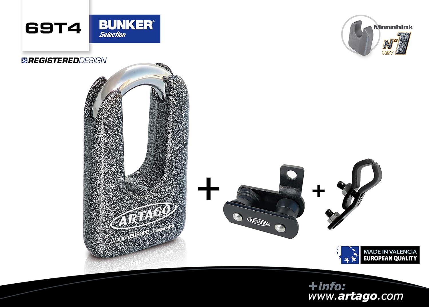 Artago 69T4 High End Disc Anti-Theft Padlock and Bracket for Honda Africa Twin 2016 2018, Double Lock ø15 Approved SRA, Sold Secure Gold, ART4, Metallic