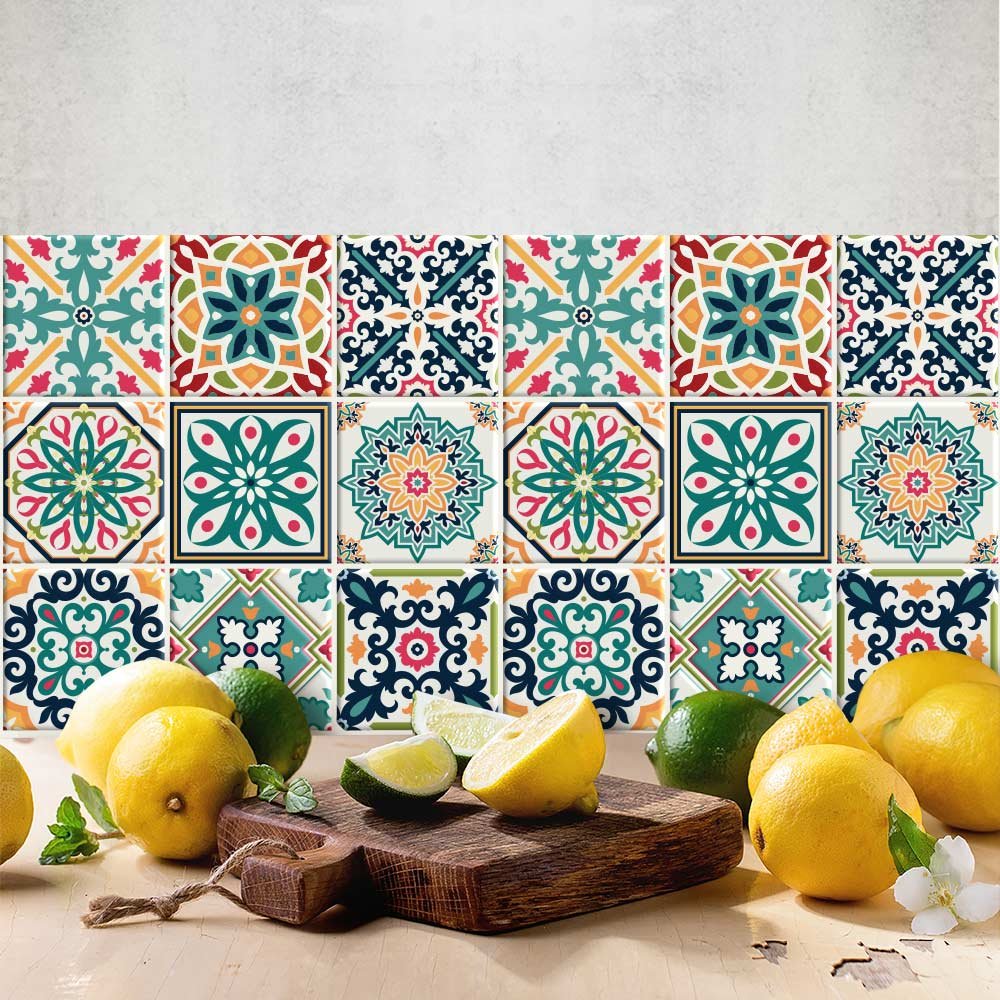 RE-COVERTILES - Tile Stickers for Bathroom and Kitchen 24 Pcs 10x10 cm - PS00116 Wall Decoration in Waterproof PVC Mosaic Tiles Style Azulejos Cement Tiles