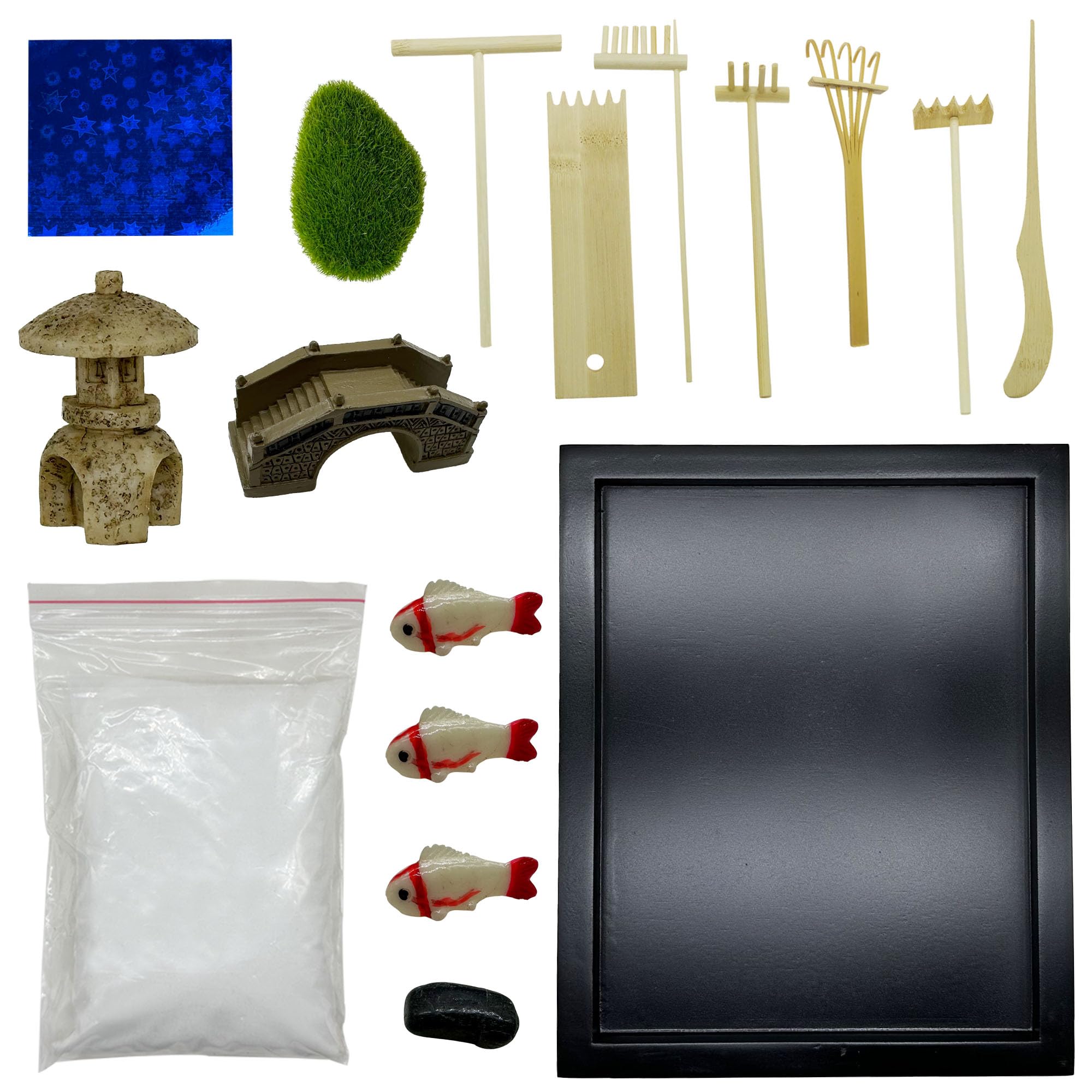 Woohome Zen Garden Kit 21.5 x 17.5cm Japanese Zen Garden Kit With 7 Handmade Bamboo Tools for DIY Mini Rock Garden Meditation Ornaments Landscape Sand Table Resin Decoration
