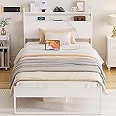 Elephance Twin Bed Frames with Charging Station and Storage Headboard, No Box Spring Needed, Noise Free, Easy Assembly