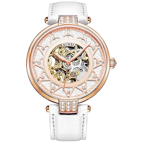 BUREI Damen Mechanische Automatikuhr Gold Skeletal Uhr mit Kratzresistenter Saphirglas und Lederband