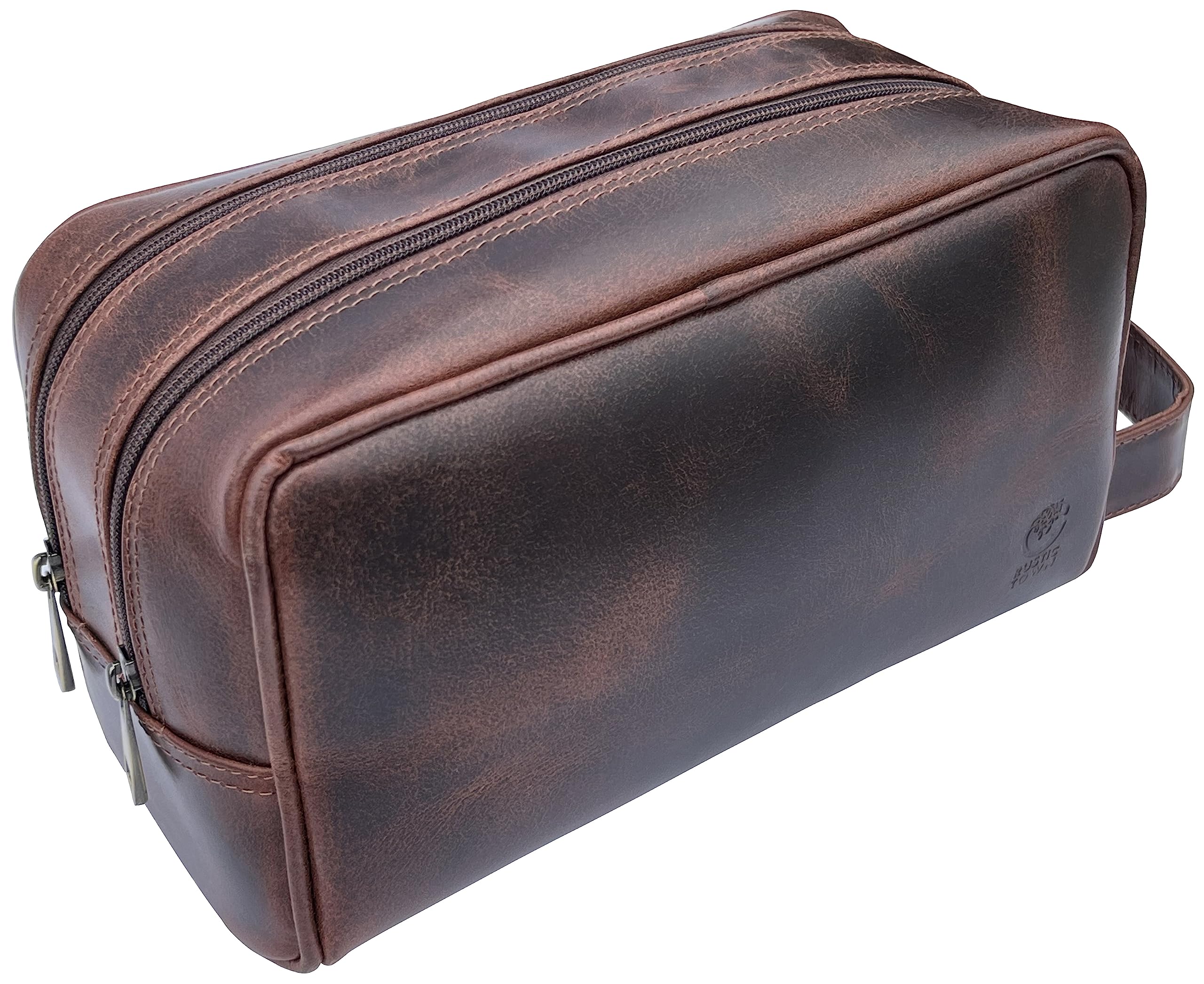 RUSTIC TOWN Leather Toiletry Bag for Men - Travel Shaving Ditty Kit - Bathroom Shower Toiletries Organizer - Leather Cosmetic Bag for Women (Walnut Brown)